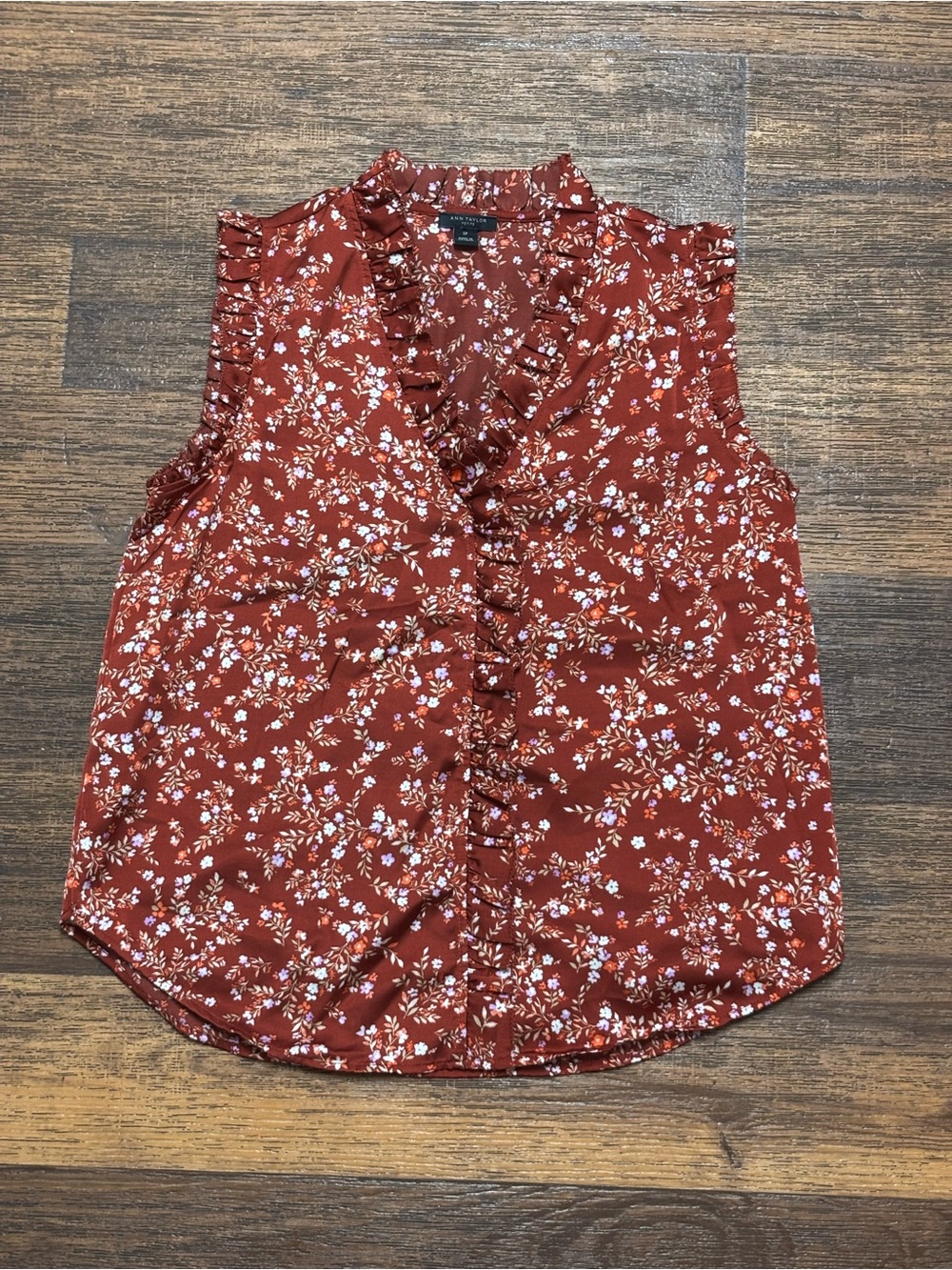 Ann Taylor Rust Floral Ruffle Front Sleeveless Blouse